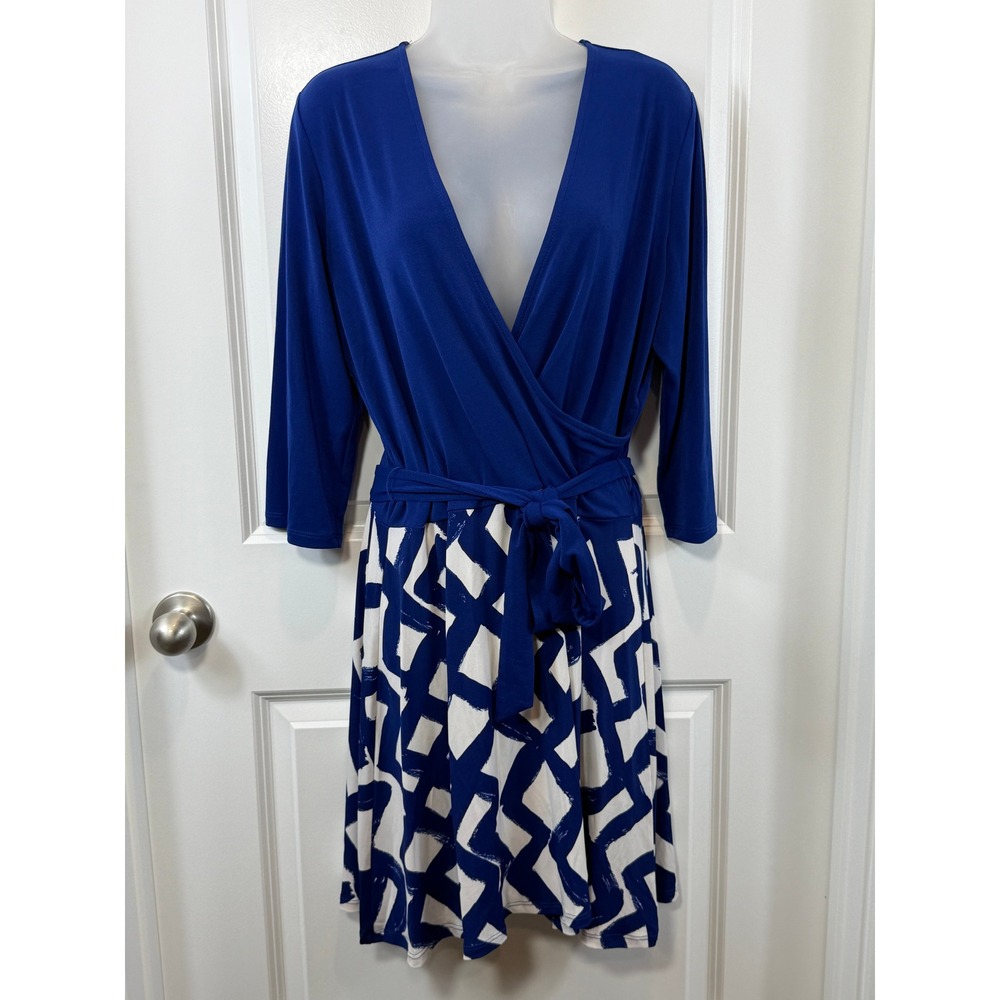 NWT Leota Womens XXL Navy Blue Zig Zag Faux Wrap Dress 3/4 Sleeve Career Plus
